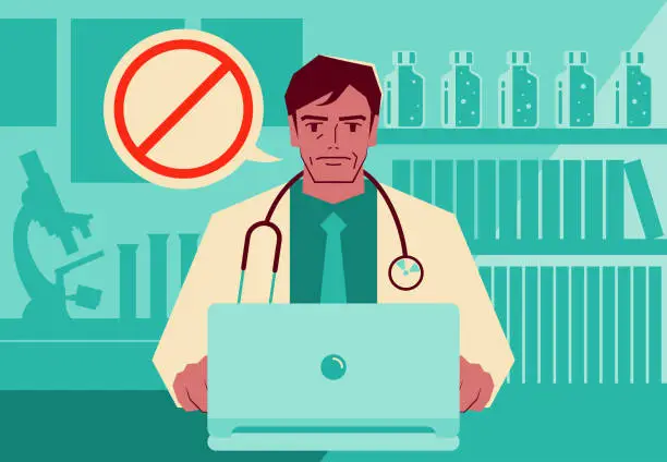 Vector illustration of One mature doctor using a laptop providing telemedicine services and advising patients to avoid something with a forbidden sign