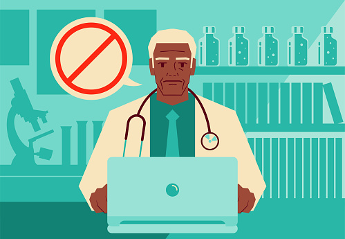 Healthcare and medicine characters vector art illustration.
One senior doctor using a laptop providing telemedicine services and advising patients to avoid something with a forbidden sign.
