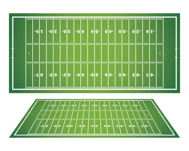 Vector illustration of American football field with marking. Football field in top view with white markup. Vector illustration