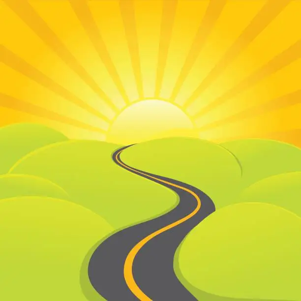 Vector illustration of A sunrise road is winding through the country