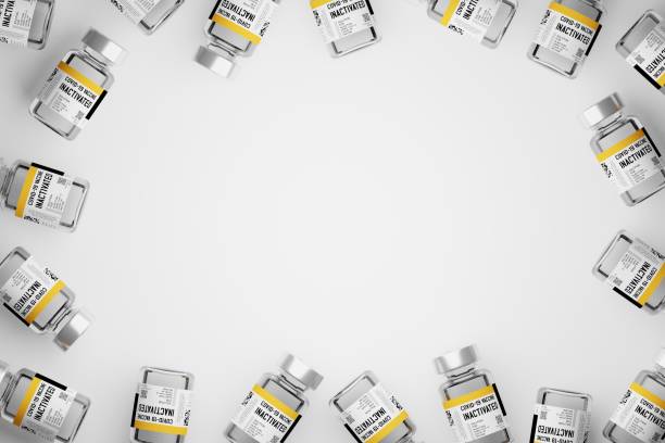 istock 3D rendering Covid-19 Inactivate vaccine bottle pile spread, Vaccination Campaign for Herd immunity protection from pandemic concept design on white background with copy space 1338796075