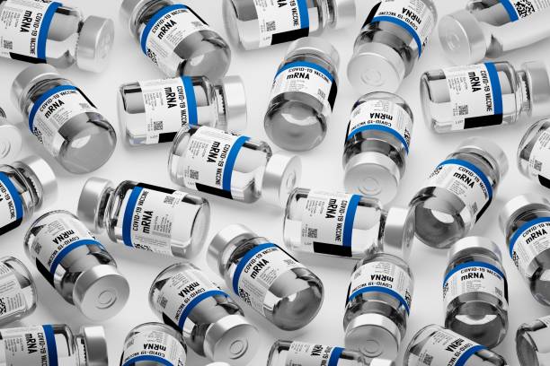 istock Isometric 3D rendering Covid-19 mRNA vaccine bottle pile spread, Vaccination Campaign for Herd immunity protection from pandemic concept design on white background with copy space 1338796079