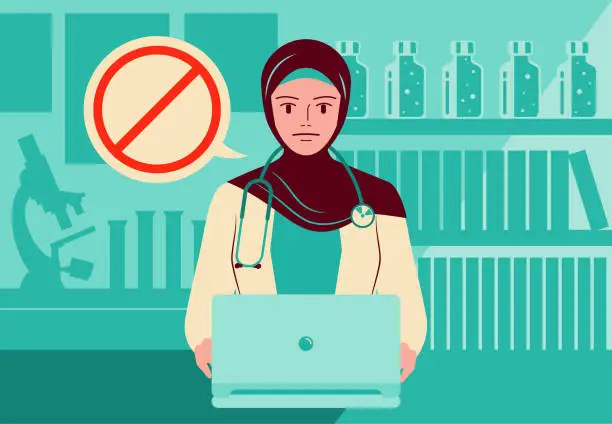 Vector illustration of Beautiful young female doctor using a laptop providing telemedicine services and advising patients to avoid something with a forbidden sign