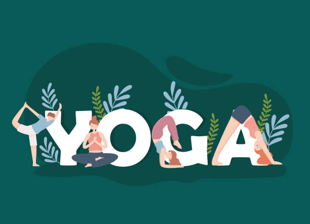 yoga inscription and people yoga inscription and people practicing yoga stock illustrations