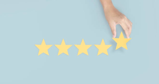 istock Hand of touching rise on increasing five stars. Increase rating evaluation 1338800091