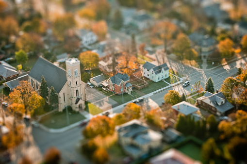 Small town aerial photo, tilt shift effect used to miniaturize buildings