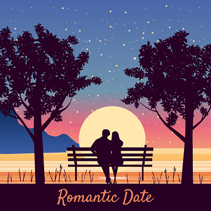 Romantic Couple lovers on bench in park, under trees. Sunset, night, stars. Vector Happy Valentines Day illustration, silhouette isolated