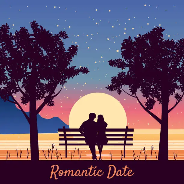 Vector illustration of Romantic Date Couple lovers on bench in park, under trees. Sunset, night, stars. Vector Happy Valentines Day illustration, silhouette