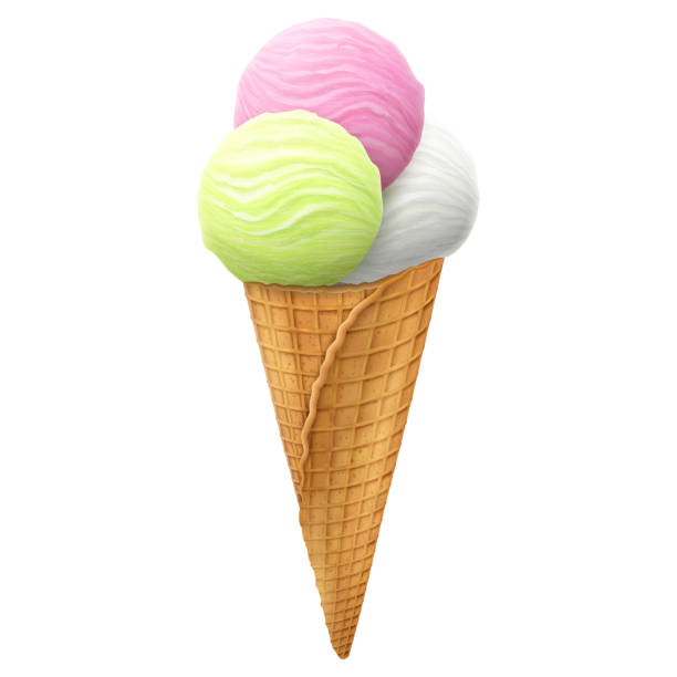 różne gałki lodów z różnymi kulkami wanilii, butterscotch, truskawki i kremowe lody w stożku gofrowym, izolowane na białym tle. realistyczna ilustracja wektorowa 3d - ice cream cone ice cream vanilla ice cream isolated stock illustrations