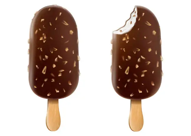 Vector illustration of Ice cream with chocolate glaze and nuts on a stick. Brown whole and bitten chocolate ice cream popsicle with peanuts isolated on white background Realistic 3D vector food posters and summer banners.