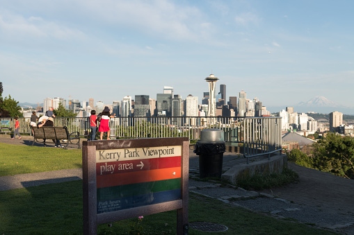 Seattle, USA - Jun 22nd, 2021: Tourists visiting Kerry Park early late in the day.