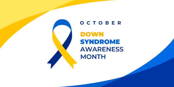 Down syndrome awareness month. Vector web banner, background, poster, card for social media, networks. Text down syndrome awareness month, october with blue and yellow ribbon. vector art illustration