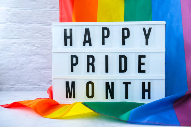istock Rainbow flag with lightbox and text HAPPY PRIDE MONTH. Rainbow lgbtq flag made from silk material. Symbol of LGBTQ pride month. Equal rights. Peace and freedom 1338811038