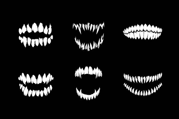 ilustrações, clipart, desenhos animados e ícones de monstro, zumbi ou vampiro presas dentes de silhueta conjunto vetor - animal skull illustrations