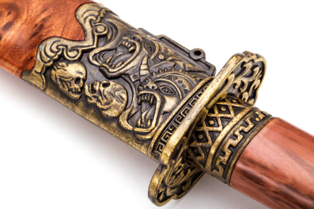 istock Beautiful patterns on the katana saber on the handle and protective case, close-up 1338813362