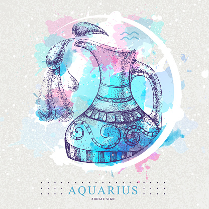 Modern magic witchcraft card with astrology Aquarius zodiac sign. Realistic hand drawing Water jug illustration