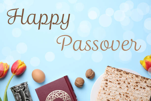 istock Flat lay composition with symbolic Pesach (Passover Seder) items on light blue background 1338813476