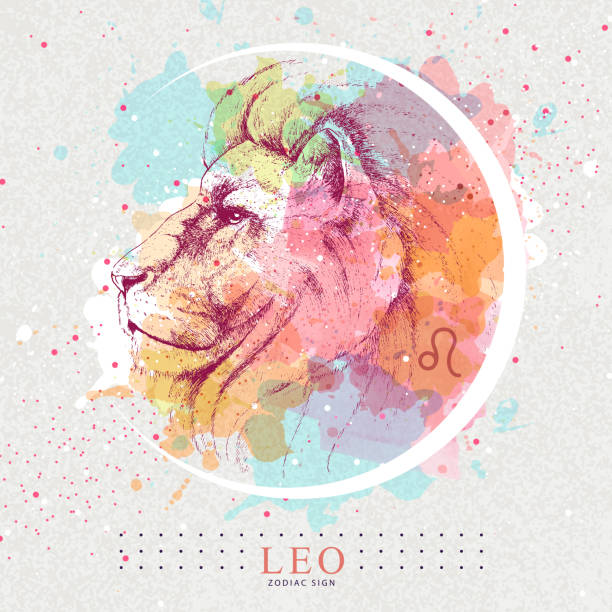 istock Modern magic witchcraft card with astrology Leo zodiac sign. Hand drawing Lion head illustration 1338813488