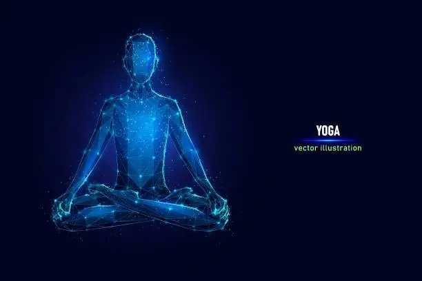 Vector illustration of Human sits in yoga pose, lotus pose digital wireframe made of connected dots.