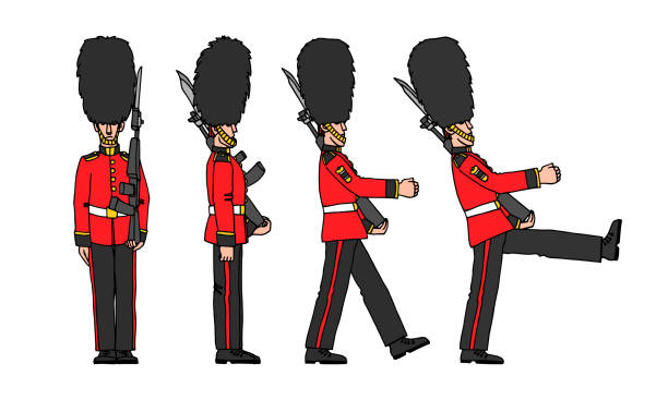 ilustrações, clipart, desenhos animados e ícones de um conjunto de guardas reais de pé e marchando em chapéus de urso, um símbolo de londres - london england honor guard british culture nobility