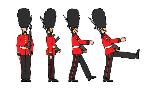 Vector illustration of a set of standing and marching royal guards in bear hats, a symbol of London