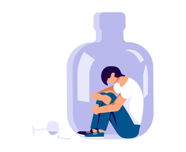 Concept with depressed character is sitting into a alcohol bottle Concept with depressed character is sitting into a alcohol bottle. Man suffering from hard drinking. Flat Art Vector Illustration alcoholism stock illustrations