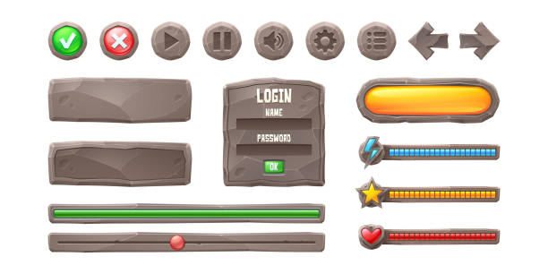 ilustrações de stock, clip art, desenhos animados e ícones de set progress bars and game buttons gui elements - flash menu illustrations