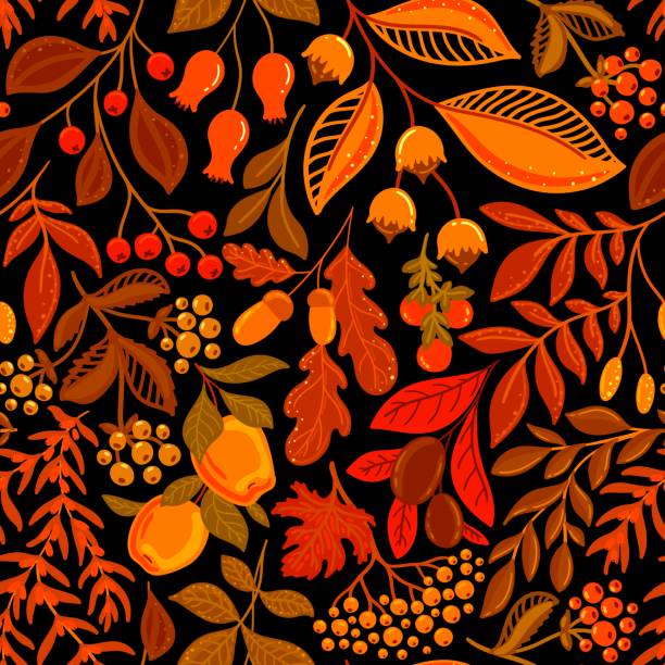 Black seamless vector background with bright autumn berries and nuts Seamless pattern with orange autumn berries and fruits on a black background in vector wallpaper pattern retro revival autumn leaf stock illustrations