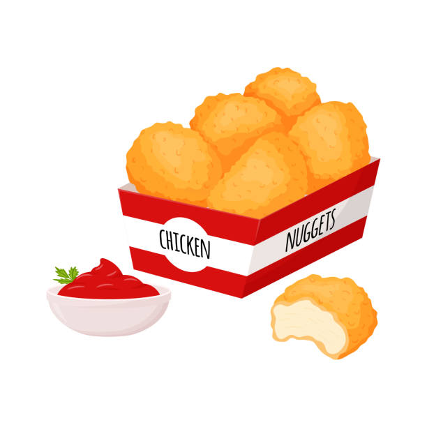 ilustraciones, imágenes clip art, dibujos animados e iconos de stock de nuggets de pollo en una caja y un tazón con salsa de ketchup y hierbas. comida rápida, snacks, carne. alimentos grasos y ricos en calorías. estilo de dibujos animados plano, aislado sobre un fondo blanco. ilustración vectorial en color - white background colors striped part of