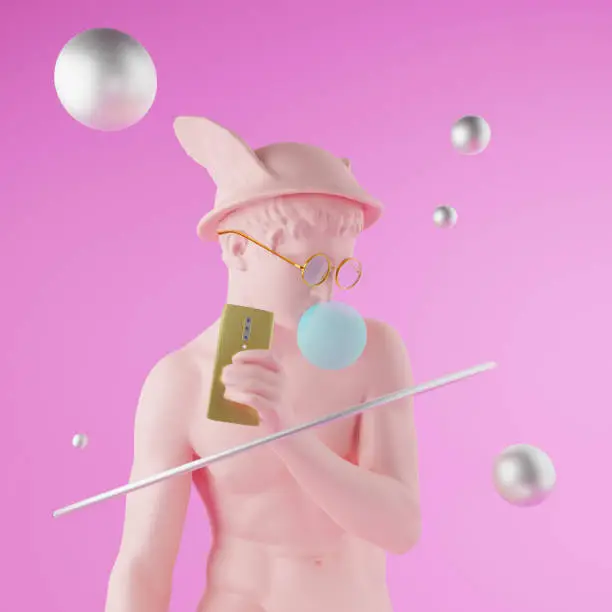 Photo of Funny illustration from 3d rendering sculpture Mercury glasses, blowing a pink chewing gum bubble.  On pink background.