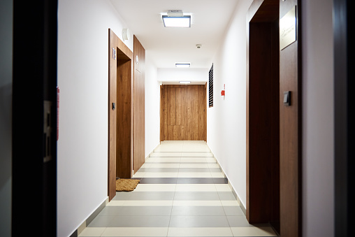 Apartment corridor in modern residential complex. Hotel interior with living room doors