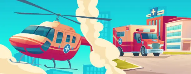 Vector illustration of Ambulance service, medical helicopter and car