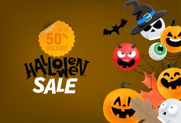 Vector illustration of Halloween banner with cute characters