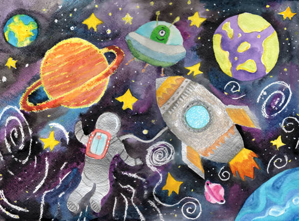 ilustrações de stock, clip art, desenhos animados e ícones de watercolor children drawing space planet rocket - child art childs drawing painted image