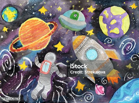 istock Watercolor children drawing space planet rocket 1338820787