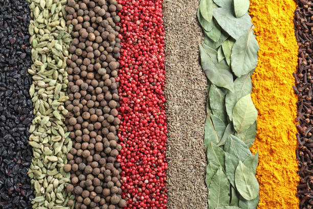 istock Set of different spices as background, top view 1338821795