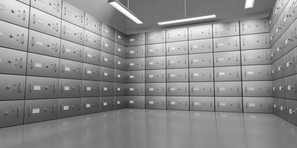 istock Bank safe boxes with closed steel doors in underground vault, perspective view. Realistic interior empty room with metal deposit lockers for money storage. Secure banking service concept, 3d render 1338822175