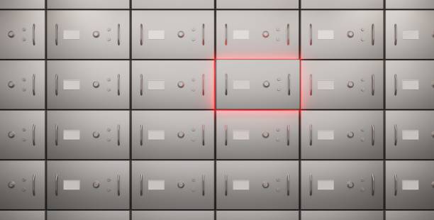 istock Robbery alarm in bank vault. Deposit safe boxes wall, one locker illuminated with red light, metal steel closed doors for secure storage valuables, money. Concept of steal or finance crime, 3d render 1338822184