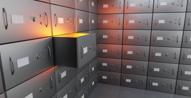 istock Bank deposit safe boxes, one open locker with golden light inside, angle view. Realistic interior room in vault with metal silver doors on wall for secure storage valuables, money or jewels, 3d render 1338822188