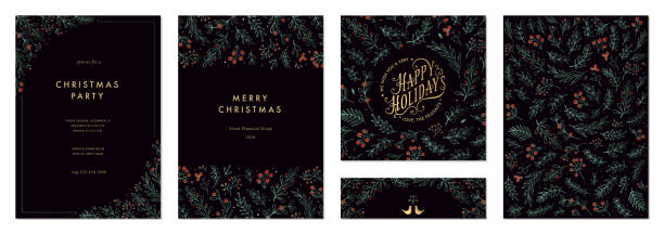 Universal Christmas Templates_03 Ornate Merry Christmas and Happy Holidays cards with branches, berries, birds, floral frames and backgrounds design. Modern universal artistic templates. christmas card stock illustrations