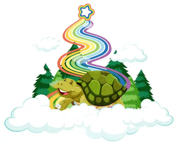 Vector illustration of A turtle sitting on the cloud with rainbow on white background