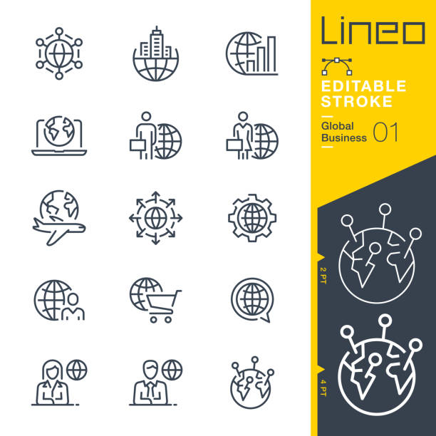 lineo editable stroke - ikony linii global business - central unit stock illustrations