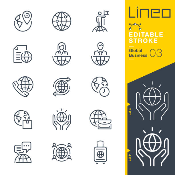 lineo editable stroke - globale business line icons - global finance communication globe finance stock-grafiken, -clipart, -cartoons und -symbole