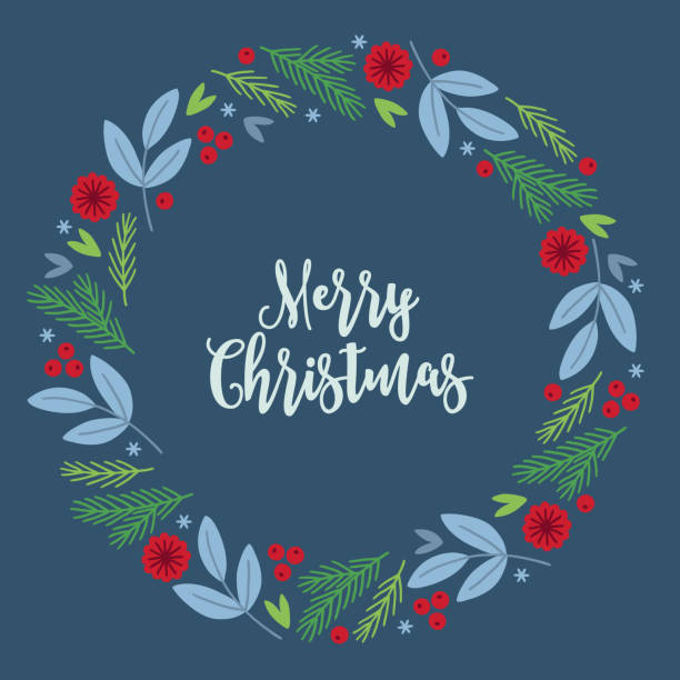 ilustrações de stock, clip art, desenhos animados e ícones de christmas greeting card with fir branches, leaves, snowflakes, berry - 5934