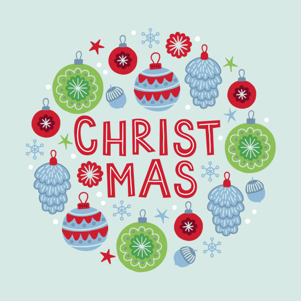 ilustrações, clipart, desenhos animados e ícones de cartão de saudação de natal com bolas, bolotas, cones, flocos de neve, estrelas - 5937