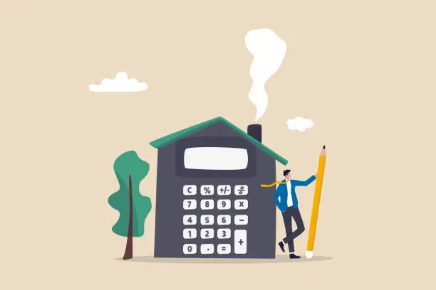 Vector illustration of House mortgage calculation, residential budget, insurance or cost and expense, real estate investment or home decoration money concept, businessman agent or broker holding pencil with house calculator