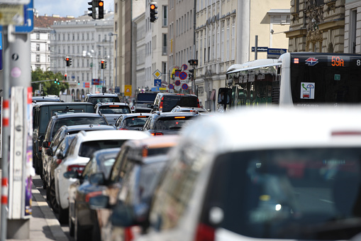 Traffic jam in front of a traffic light in Wienzeile in Vienna, Austria, Europe