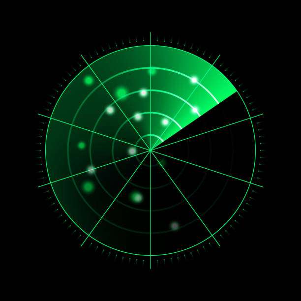 istock Green radar isolated on dark background. Military search system. HUD radar display. Vector illustration 1338828819