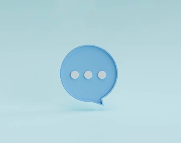 istock White dot illustration inside of blue speech bubble on blue background for chat sms and comment message by 3d rendering. 1338829382