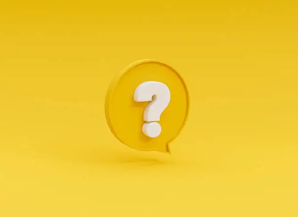 Photo of White questions mark illustration inside of yellow speech bubble on yellow background for FAQ and question and answer time by 3d rendering.